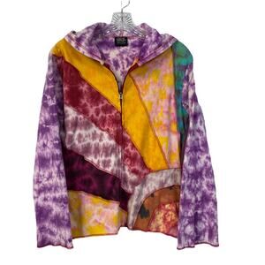 SHOP THERAPY Tie-Dye Boho Hoody L / XL Cotton Mixed Print Patchwork Sweatshirt